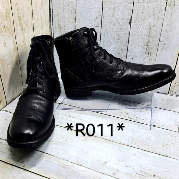GBX Men 10.5M #091371 Black Leather Laceup SideZip Ankle Moto Boots